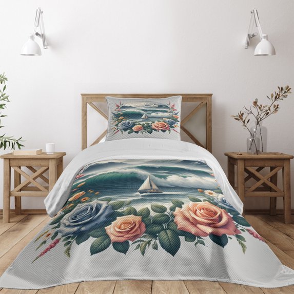 Ambesonne Nautical Quilted Coverlet 2 Pcs, Sailboat in Rose Wreath, Twin Size, Teal Salmon and Slate Blue