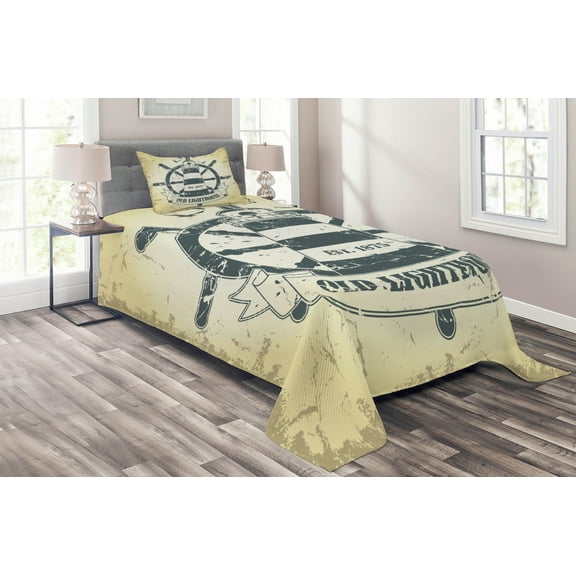 Ambesonne Nautical Quilted Coverlet 2 Pcs, Ship Helm Wheel Retro, Twin Size, Grey Yelloe Slate Blue