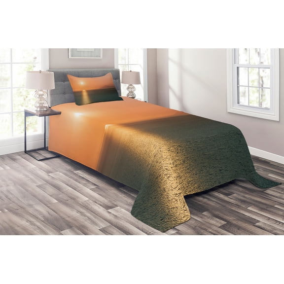 Ambesonne Nautical Quilted Coverlet 2 Pcs, Sunrise over Ocean, Twin Size, Orange Blue