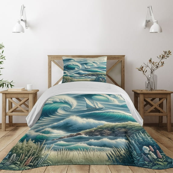 Ambesonne Nautical Quilted Coverlet 2 Pcs, Swirling Huge Waves Boat, Twin Size, Reseda Green Teal and Blue