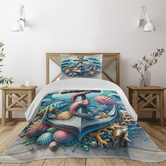 Ambesonne Nautical Quilted Coverlet 2 Pcs, Underwater Around Anchor, Twin Size, Teal Pink and Coconut