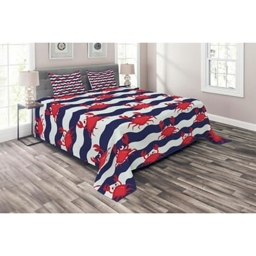 Ambesonne Nautical Quilted Coverlet 3 Pcs, Crabs on Striped, Queen Size, Red and Navy Blue