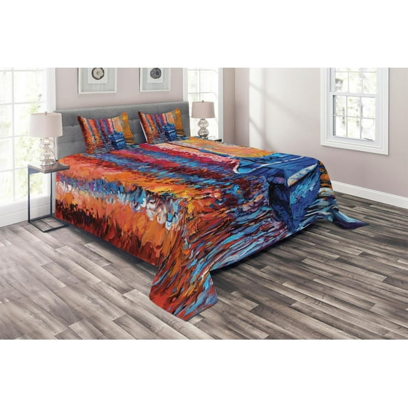 Ambesonne Nautical Quilted Coverlet 3 Pcs, Dark Sea Fishing Boat, Queen Size, Multicolor