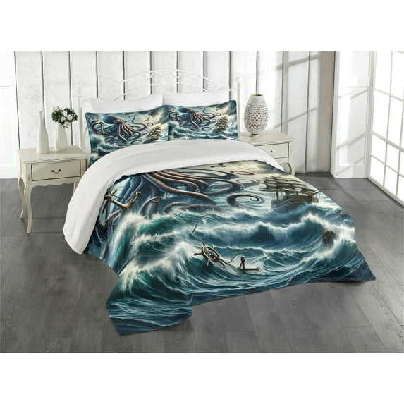 Ambesonne Nautical Quilted Coverlet 3 Pcs, Fantasy Sea World Kraken, King Size, Teal Mauve