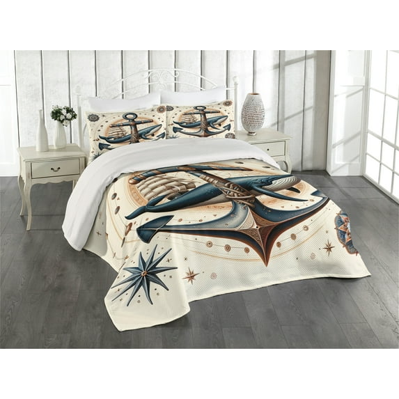 Ambesonne Nautical Quilted Coverlet 3 Pcs, Mandala Astronomy Marine, Queen Size, Dark Teal Redwood Ivory