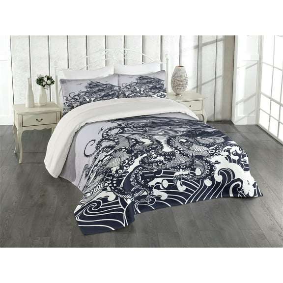 Ambesonne Nautical Quilted Coverlet 3 Pcs, Octopus and Ship in Storm, King Size, Indigo Purpleblue