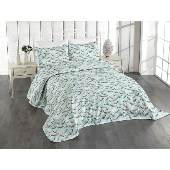 Ambesonne Nautical Quilted Coverlet 3 Pcs, Pastel Sketchy Whales Art, King Size, Mint Green Indigo and Rose