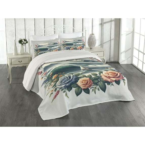 Ambesonne Nautical Quilted Coverlet 3 Pcs, Sailboat in Rose Wreath, King Size, Teal Salmon and Slate Blue