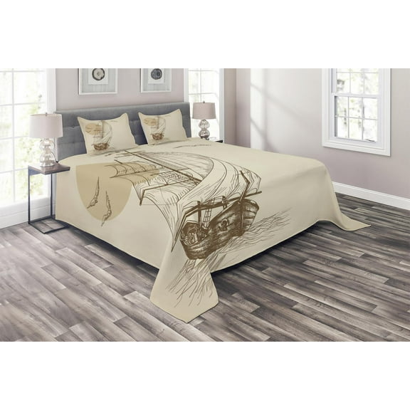 Ambesonne Nautical Quilted Coverlet 3 Pcs, Sailing Ship Birds Sun, King Size, Tan Brown