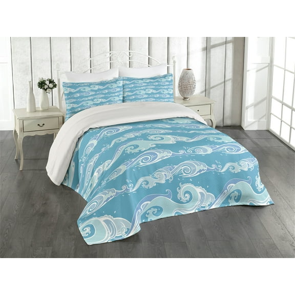Ambesonne Nautical Quilted Coverlet 3 Pcs, Sea Waves Ocean Splashes, King Size, Sea Blue Pale Teal