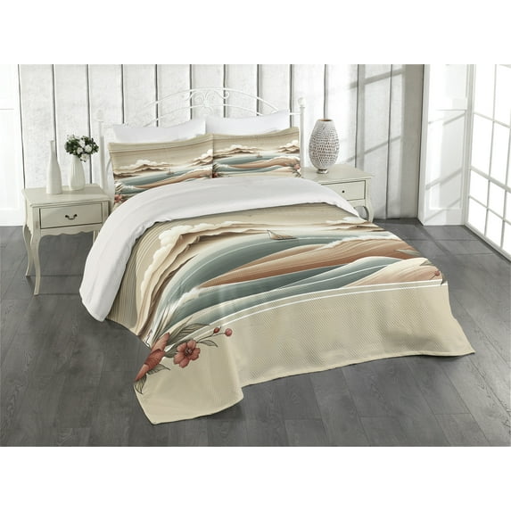 Ambesonne Nautical Quilted Coverlet 3 Pcs, Serene Horizon Sailboat, Queen Size, Tan Sepia and Pale Seafoam