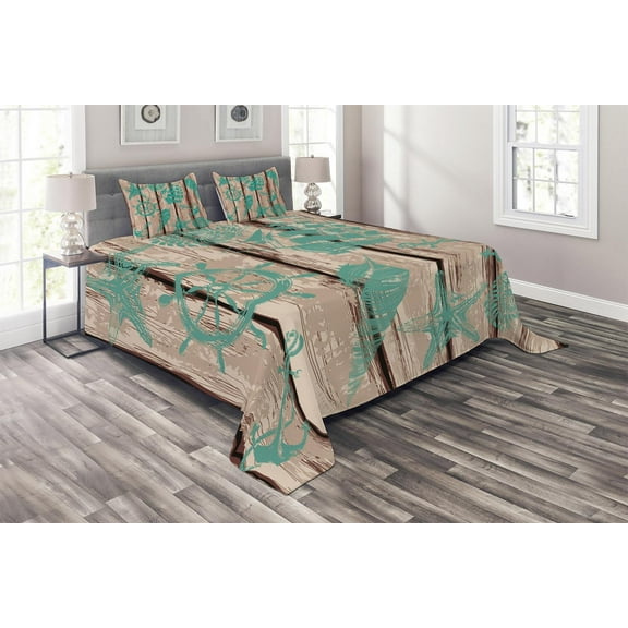 Ambesonne Nautical Quilted Coverlet 3 Pcs, Shell Helm and Ship, Queen Size, Turquoise and Brown