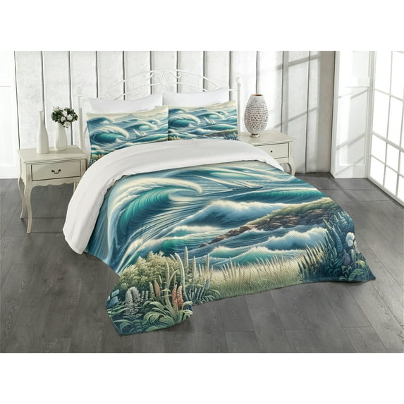 Ambesonne Nautical Quilted Coverlet 3 Pcs, Swirling Huge Waves Boat, King Size, Reseda Green Teal and Blue