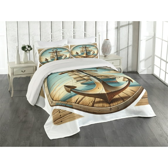 Ambesonne Nautical Quilted Coverlet 3 Pcs, Vintage Maritime Anchor, King Size, Pale Brown and Soft Blue