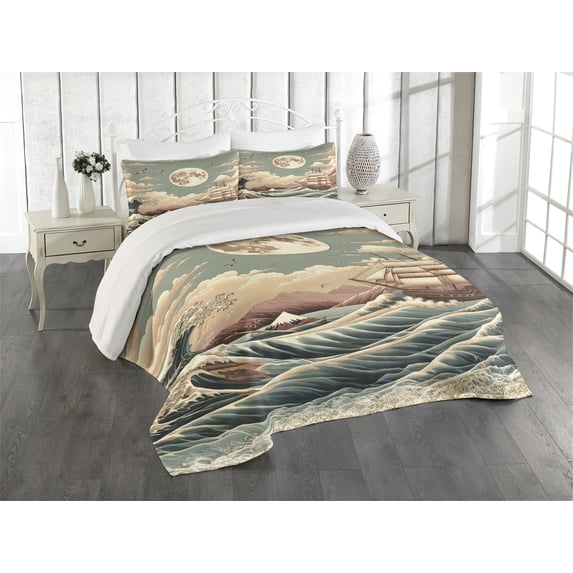 Ambesonne Nautical Quilted Coverlet 3 Pcs, Waves Ship Japanese Style, King Size, Pale Teal Tan Dried Rose