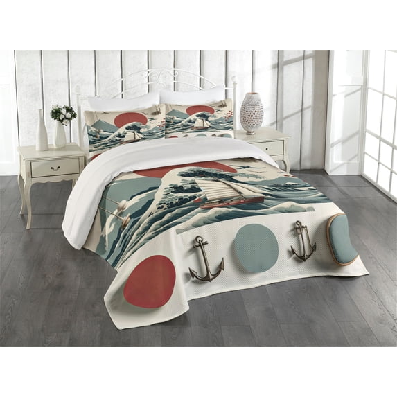 Ambesonne Nautical Quilted Coverlet 3 Pcs, Waves Sun Sakura Anchor, Queen Size, Pale Ruby and Cadet Blue