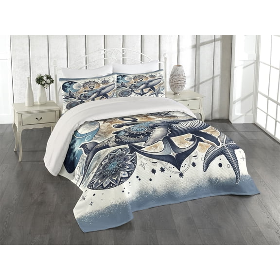 Ambesonne Nautical Quilted Coverlet 3 Pcs, Whale Anchor Mandala Night, King Size, Indigo Amber
