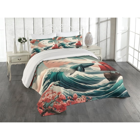 Ambesonne Nautical Quilted Coverlet 3 Pcs, Whale Sakura Spring Ocean, King Size, Teal Blush and Dark Coral