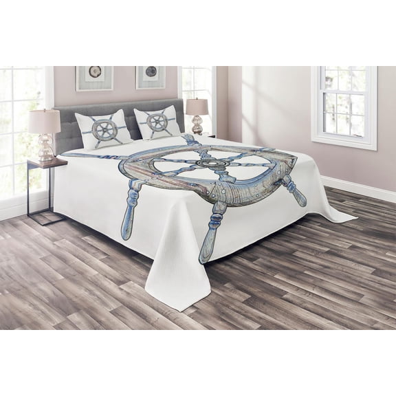 Ambesonne Nautical Quilted Coverlet 3 Pcs, Wooden Ship Wheel, King Size, Blue White