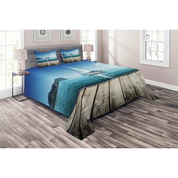 Ambesonne Nautical Quilted Coverlet 3 Pcs, Yacht and Wooden Deck, Queen Size, Blue Brown