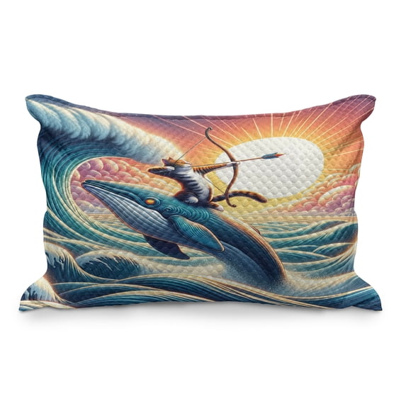 Ambesonne Nautical Quilted Pillowcover, Archer Wild Cat on a Whale, 36" x 20", Teal Purple and Orange