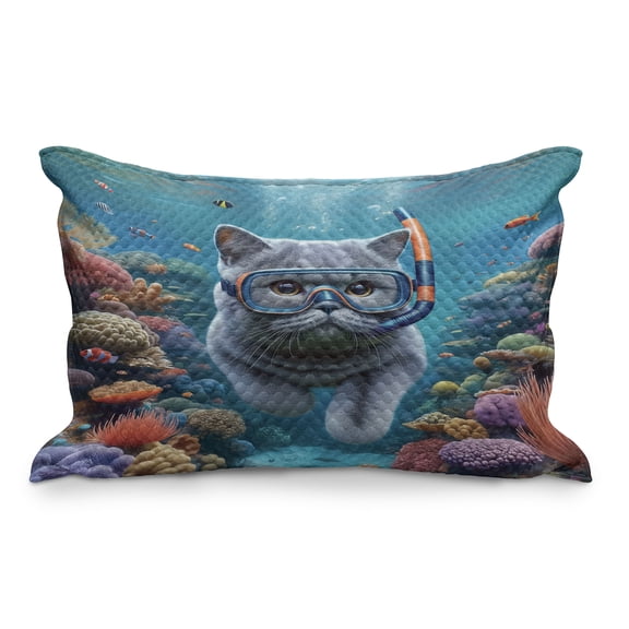 Ambesonne Nautical Quilted Pillowcover, Diver Cat in the Ocean, 36" x 20", Turquoise Multicolor