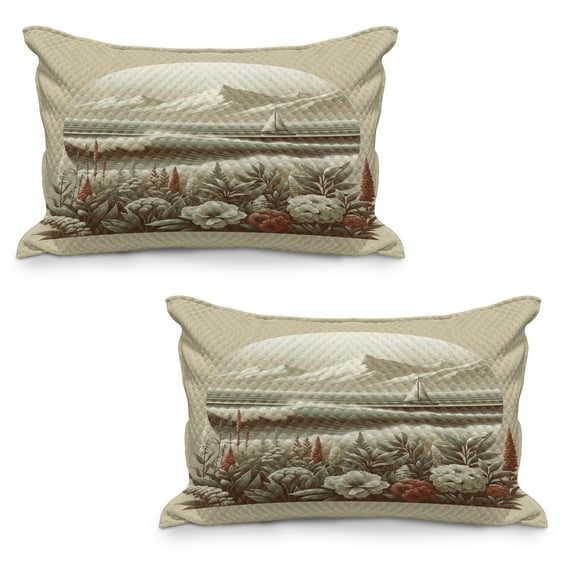 Ambesonne Nautical Quilted Pillowcover Set of 2, Floral Sea Shore and Boat, 36" x 20", Grey Yellow Dark Salmon