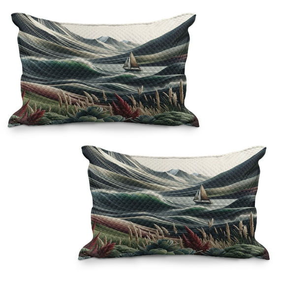 Ambesonne Nautical Quilted Pillowcover Set of 2, Surreal Waves Boho Botany, 30" x 20", Sepia Green and Ruby
