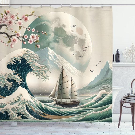 Ambesonne Nautical Shower Curtain, Asian Wave Cherry Blossom, 69"Wx70"L, Seafoam Coconut Pink