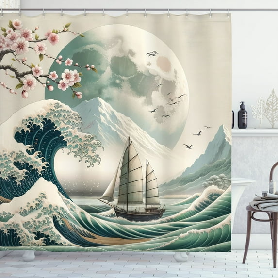 Ambesonne Nautical Shower Curtain, Asian Wave Cherry Blossom, 69"Wx75"L, Seafoam Coconut Pink