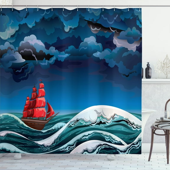 Ambesonne Nautical Shower Curtain, Cartoon Ship on Waves, 69"Wx70"L, Blue Orange Plum