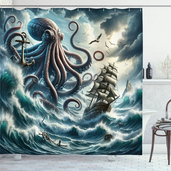 Ambesonne Nautical Shower Curtain, Fantasy Sea World Kraken, 69"Wx70"L, Teal Mauve