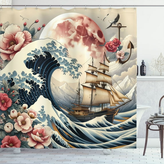 Ambesonne Nautical Shower Curtain, Floral Japanese Wave Moon, 69"Wx84"L, Blue Pink Eggshell