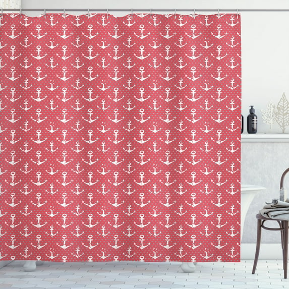 Ambesonne Nautical Shower Curtain, Grunge Anchors Polka Dots, 69"Wx84"L, Coral Dark Seafoam