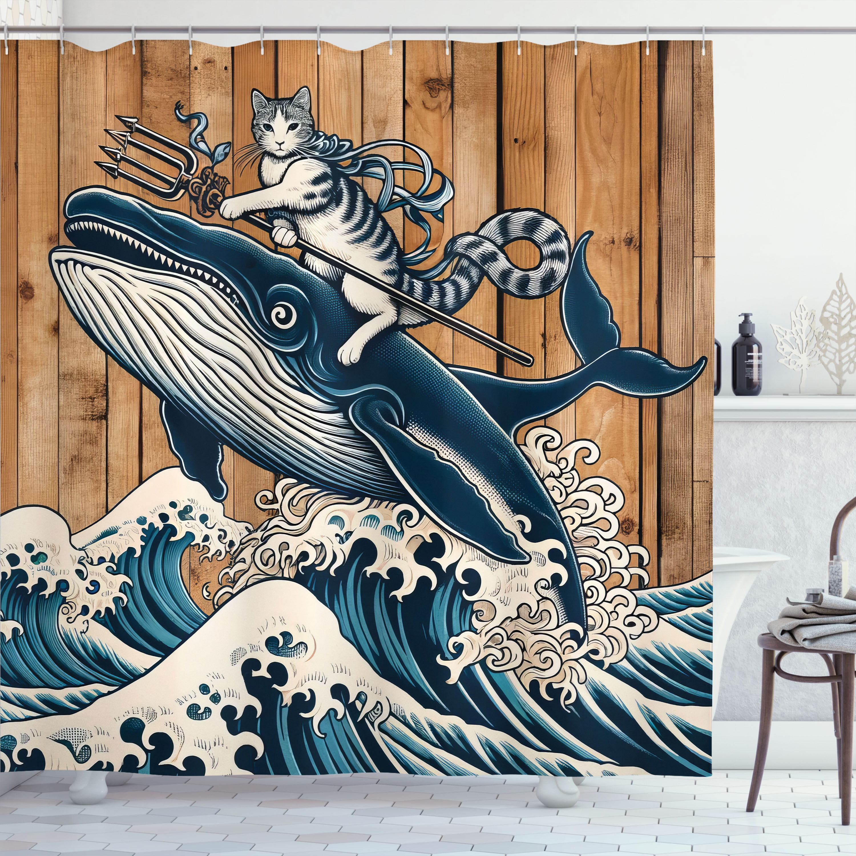 Nautical Pale Caramel and Petrol Blue Fabric Shower Curtain