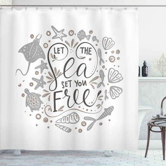 Ambesonne Nautical Shower Curtain, Letterings Shellfish Print, 69"Wx84"L, Pale Purpleblue