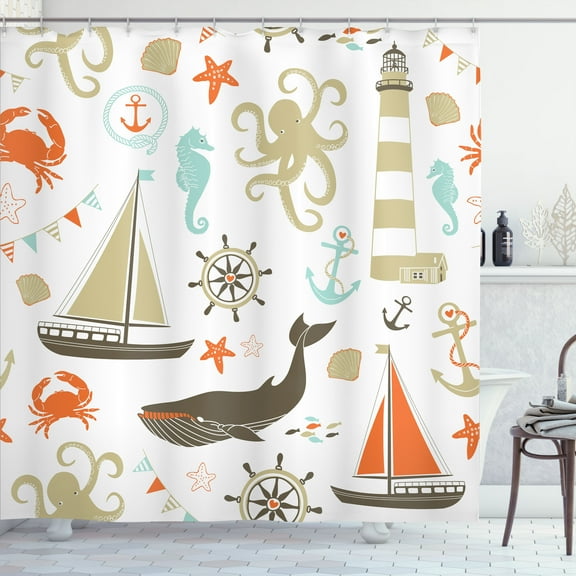 Ambesonne Nautical Shower Curtain, Lighthouse Pastel Colors, 69"Wx70"L, Pale Sepia Orange Blue