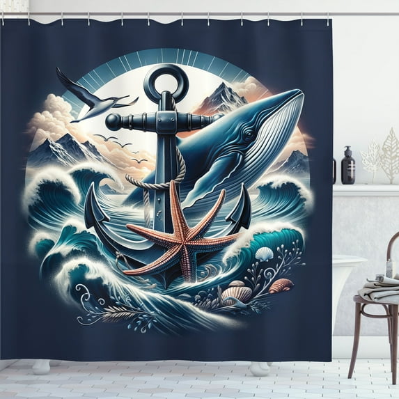 Ambesonne Nautical Shower Curtain, Marine Anchor and Seagull, 69"Wx84"L, Indigo and Dark Salmon