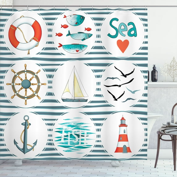 Ambesonne Nautical Shower Curtain, Marine Collage, 69"Wx75"L, White Red Blue