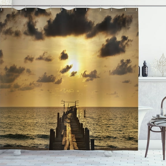 Ambesonne Nautical Shower Curtain, Old Wood Deck Sunset, 69"Wx70"L, Yellow Grey
