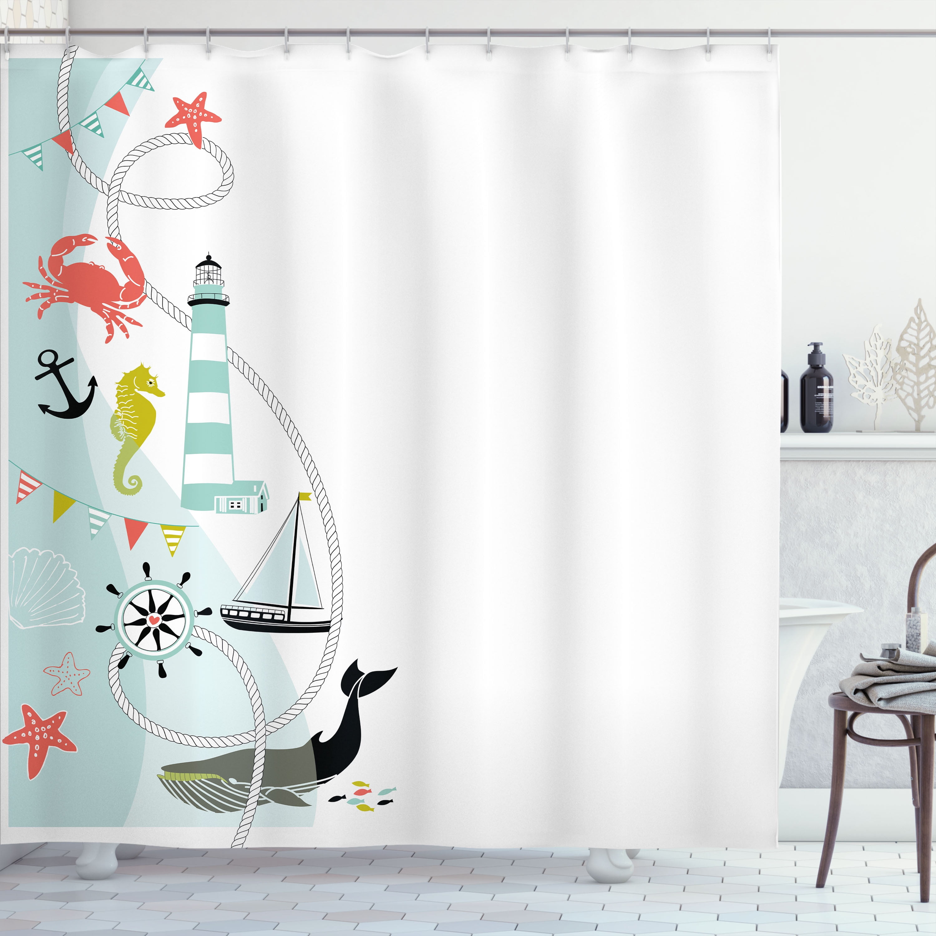 Nautical Pastel Marine Fabric Shower Curtain 69" x 70"