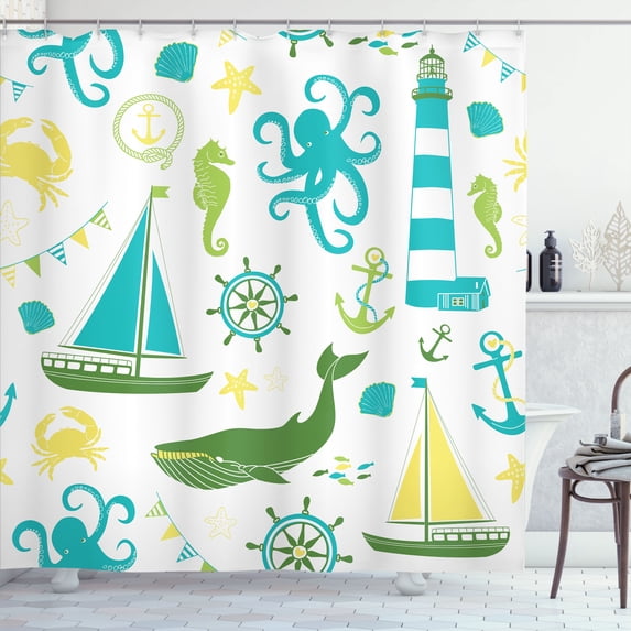 Ambesonne Nautical Shower Curtain, Pastel Colors Lighthouse, 69"Wx70"L, Blue and Green