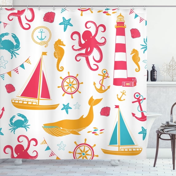 Ambesonne Nautical Shower Curtain, Pastel Colors Lighthouse, 69"Wx75"L, Hot Pink Orange Blue