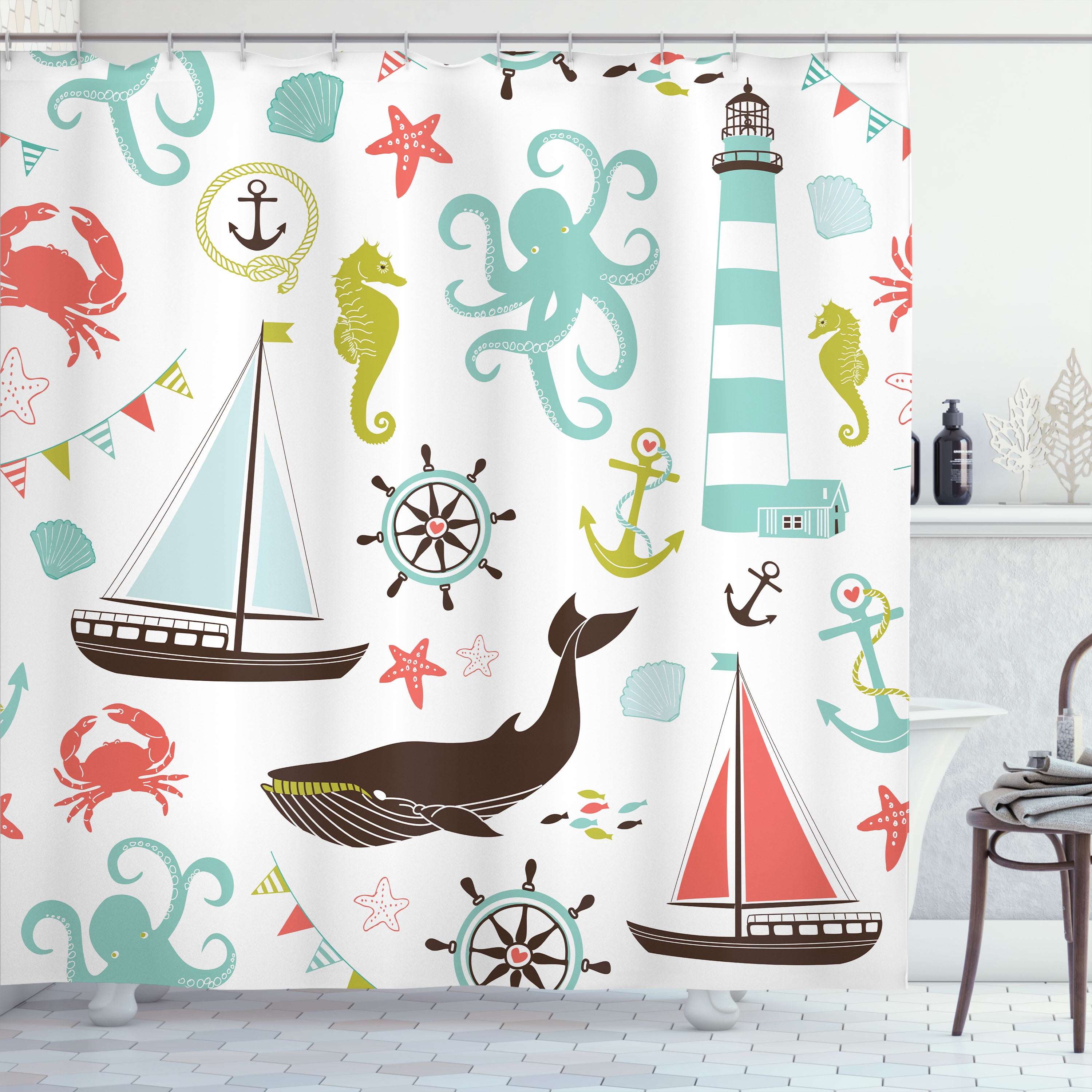 Nautical Pastel Marine Fabric Shower Curtain 69" x 70"
