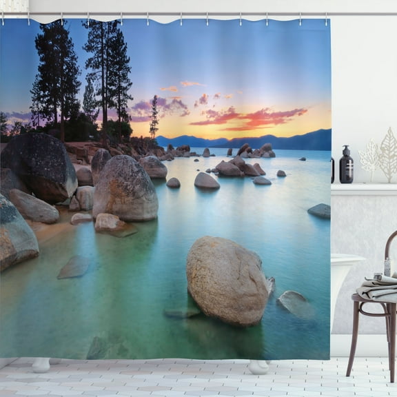 Ambesonne Nautical Shower Curtain, Romantic Lake Sunset, 69"Wx84"L, Blue Grey