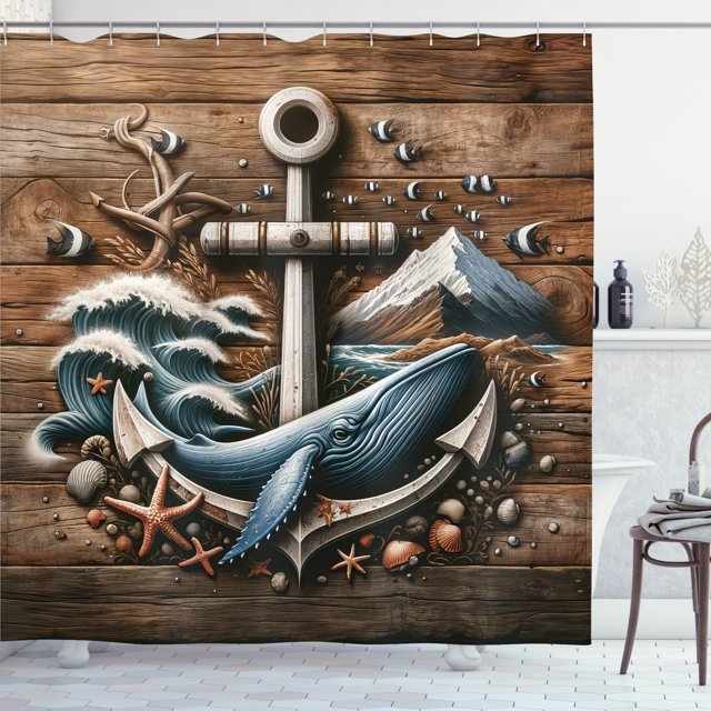 Ambesonne Nautical Shower Curtain, Rustic Maritime Anchor Art, 69"Wx75