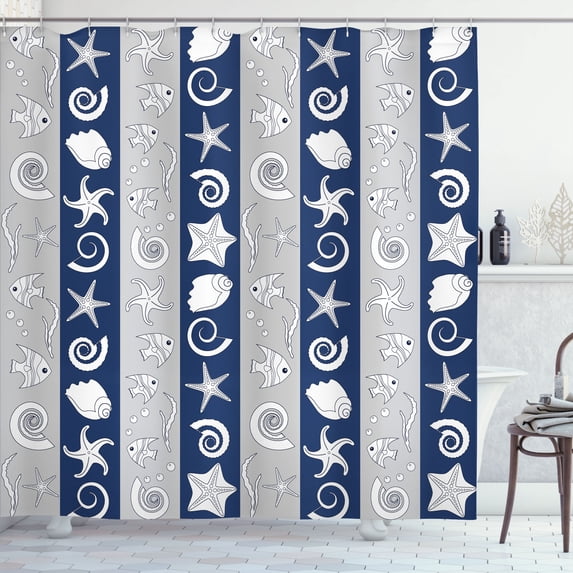 Ambesonne Nautical Shower Curtain, Sea Fishes Shells Stripes, 69"Wx75"L, Night Blue