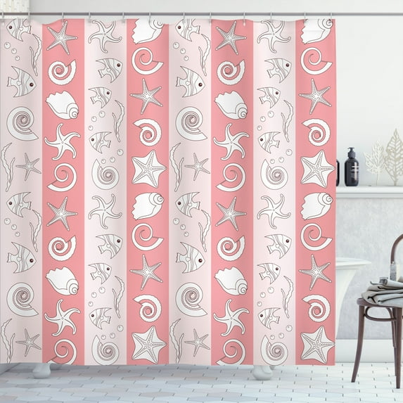 Ambesonne Nautical Shower Curtain, Sea Fishes Shells Stripes, 69"Wx75"L, Pastel Pink