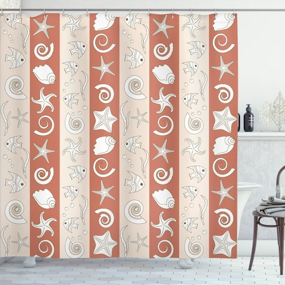 Ambesonne Nautical Shower Curtain, Sea Fishes Shells Stripes, 69"Wx84"L, Pale Rust