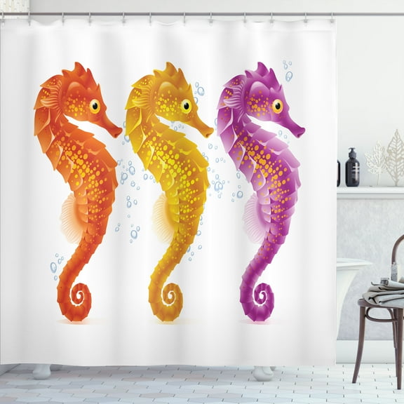 Ambesonne Nautical Shower Curtain, Seahorse Marine Tones, 69"Wx75"L, Earth Yellow Vermilion